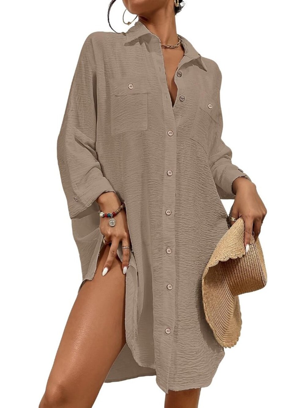 Womens Light Coffee Polyester Button Down Shirt Cover Up Beach Swimsuit Cover Up